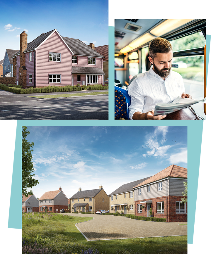 Collection of images showing new homes, public transport and green open space